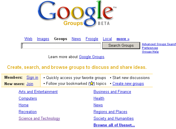 Google groups main search window